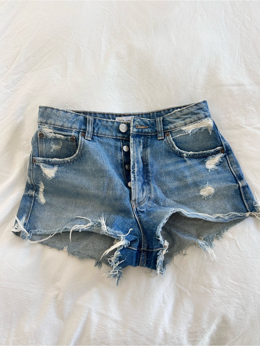 Zara Distressed Cutoff Denim Shorts in Light Blue